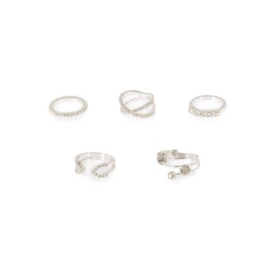 Silver tone encrusted rings pack